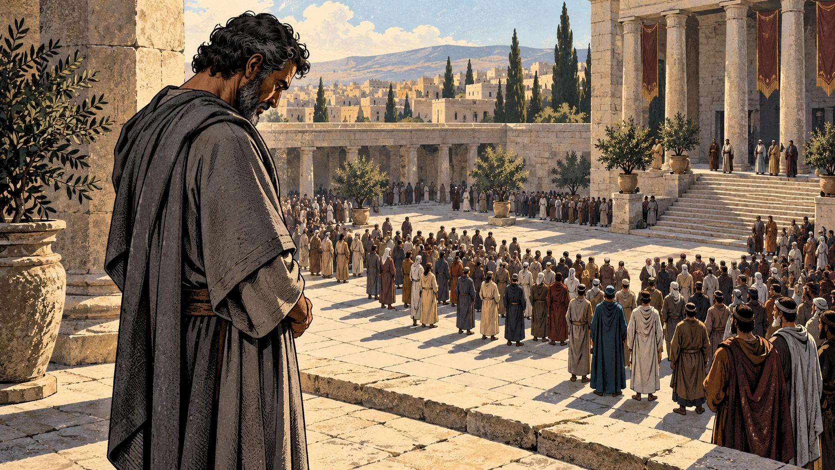 A bowed adult stands apart in the foreground of a broad public assembly.