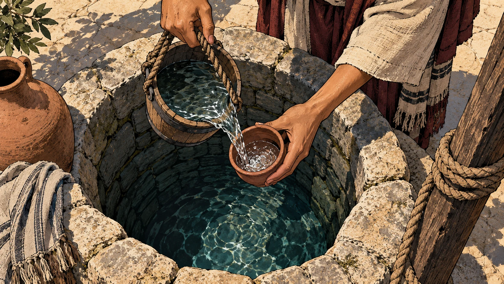 Hands pour drawn water from a wooden bucket into a clay cup above a stone cistern.