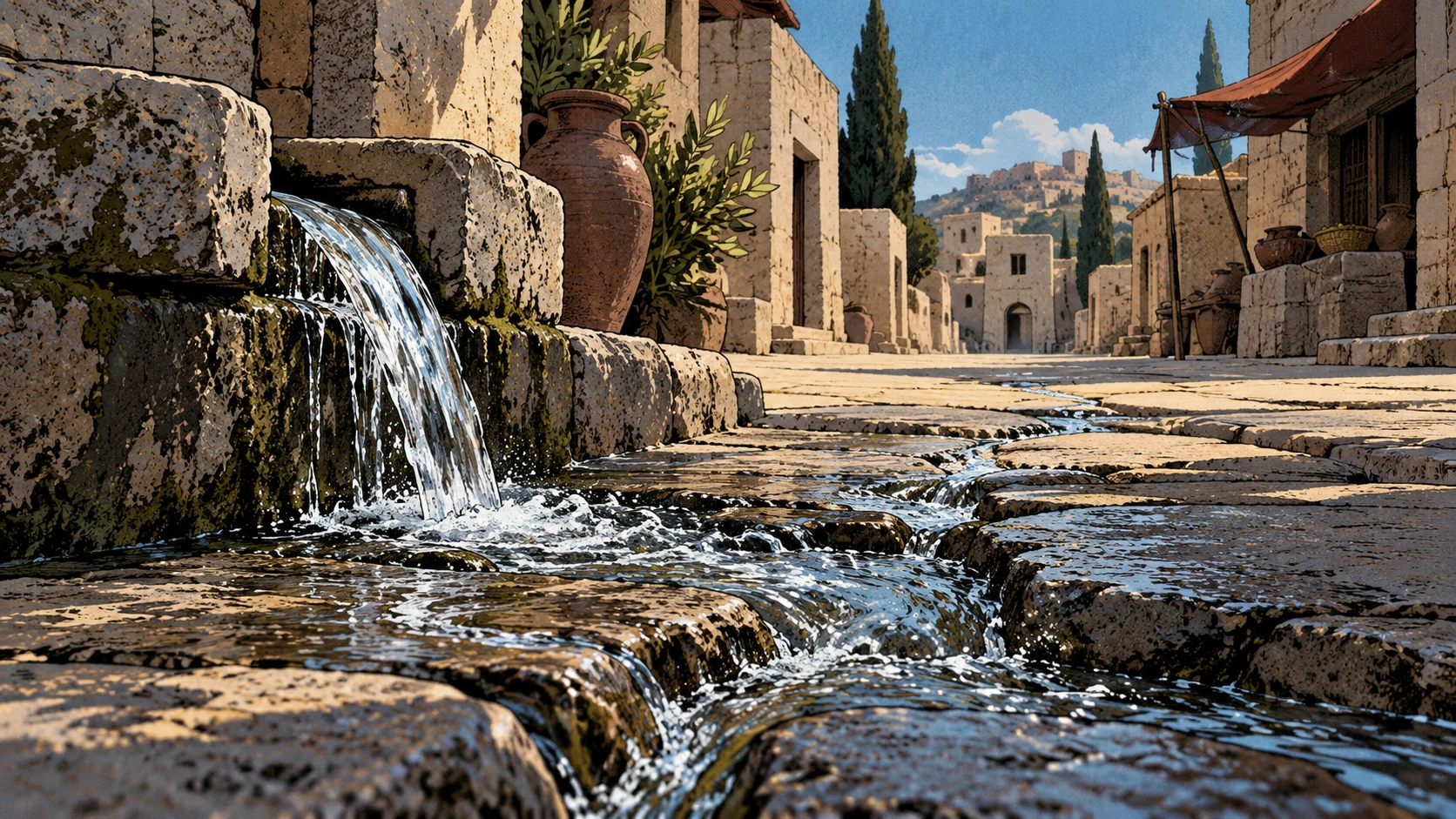 Spring water branches along channels in an empty stone street.