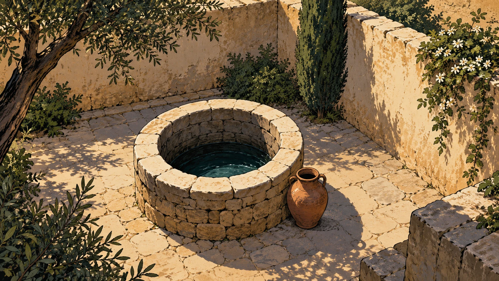 A quiet stone water source stands within enclosed household garden walls.