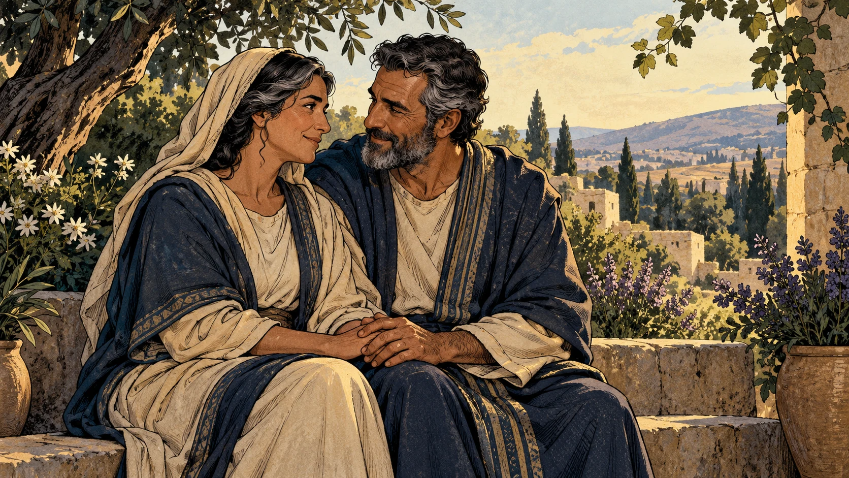 A silver-haired couple smile toward one another and hold hands in a garden.