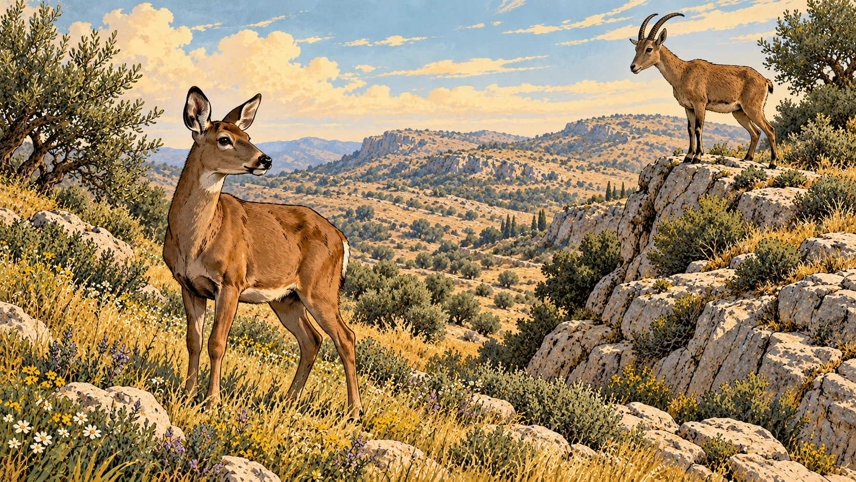 A doe and a brown wild ibex stand on separate rocky levels amid dry limestone hills.
