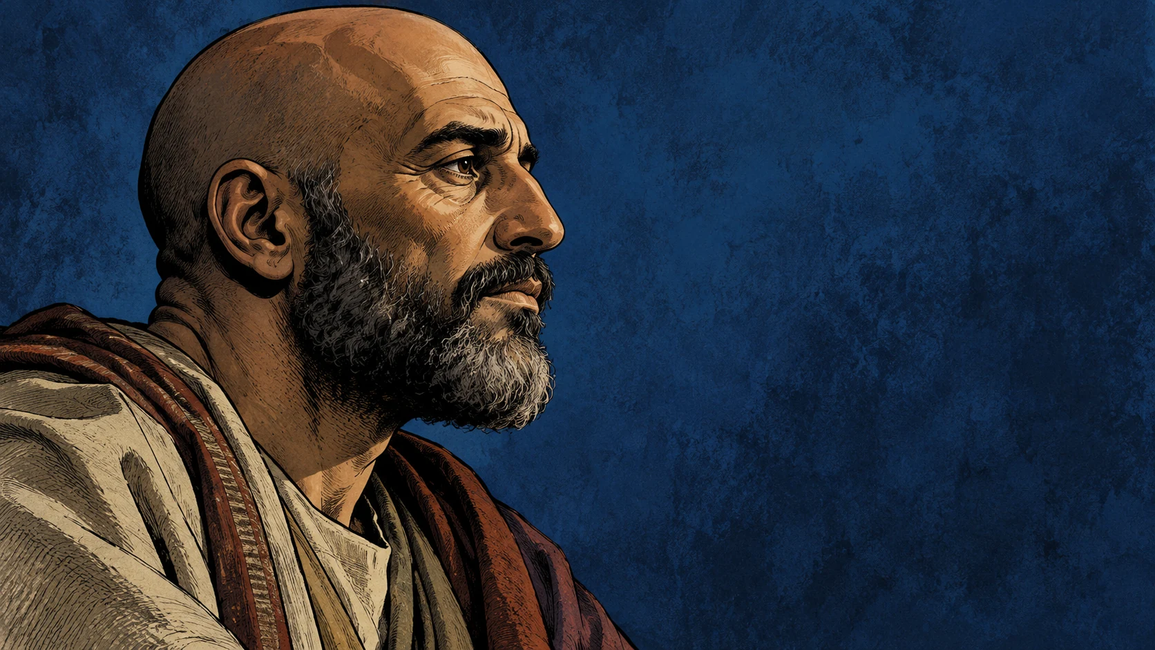 A bald adult with closed lips looks thoughtfully forward against a deep blue wall.
