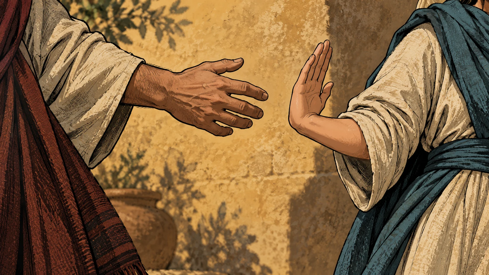An outstretched hand and a raised refusing palm remain apart between clothed adults.