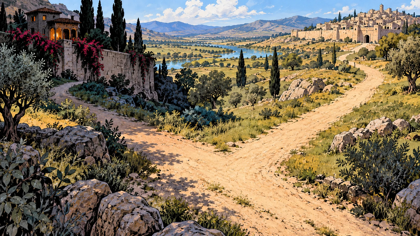Empty branching paths stretch across a clear landscape of hills, buildings, and olive trees.