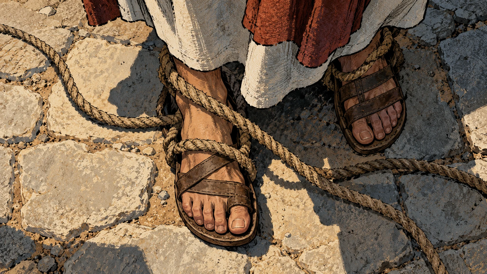 Rope cords tangle around sandaled feet on stony ground.