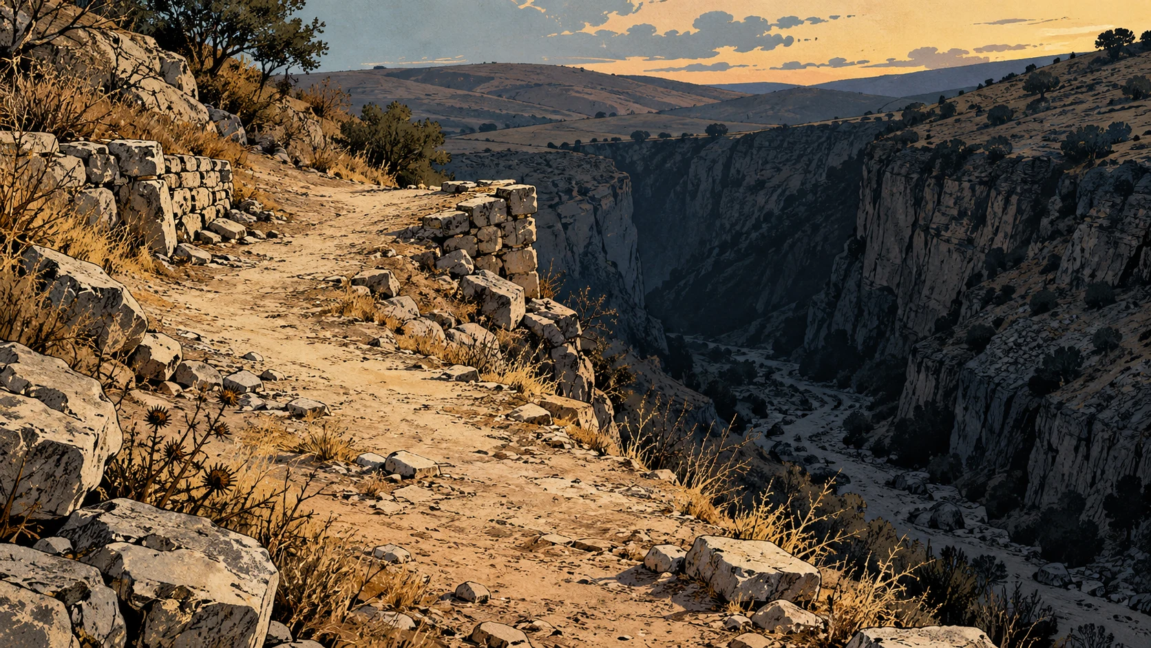 An empty neglected path breaks off beside a deep dark ravine.