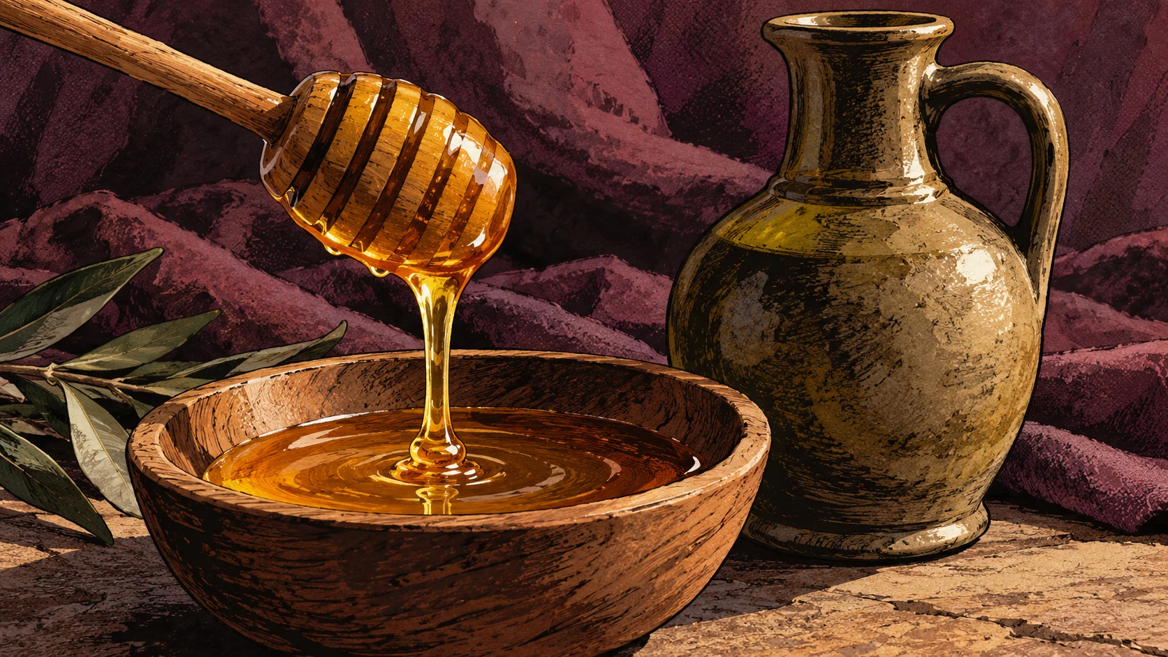 Honey flows from a wooden dipper into a bowl beside a clay oil vessel.
