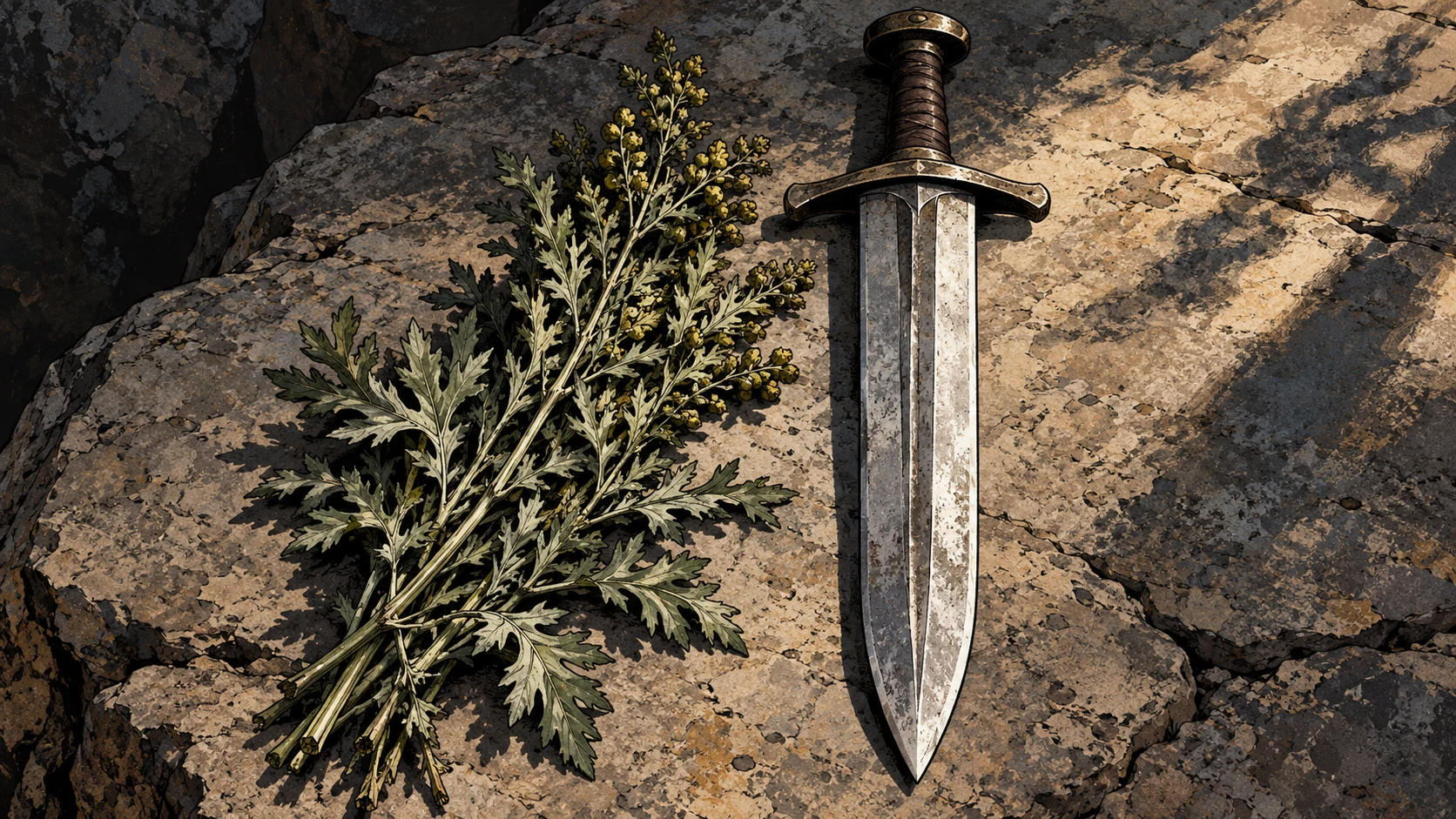 Wormwood sprigs and a plain double-edged sword lie on rough stone.