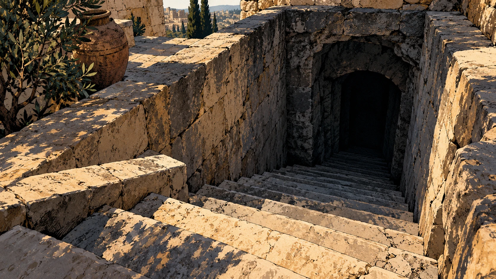 Empty stone steps descend toward a dark opening.