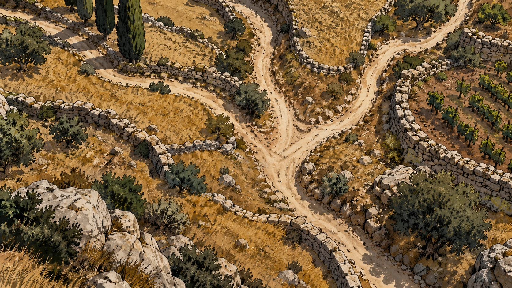 Empty narrow paths interlace across dry stone terraces seen from above.