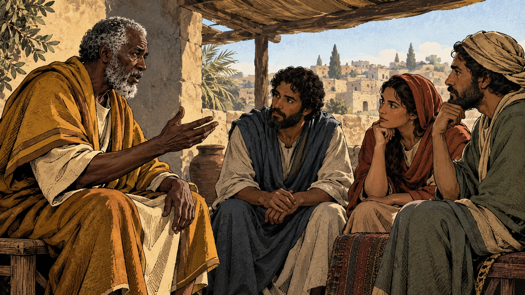A gray-haired elder in ochre teaches three attentive adults beneath a shaded roof.