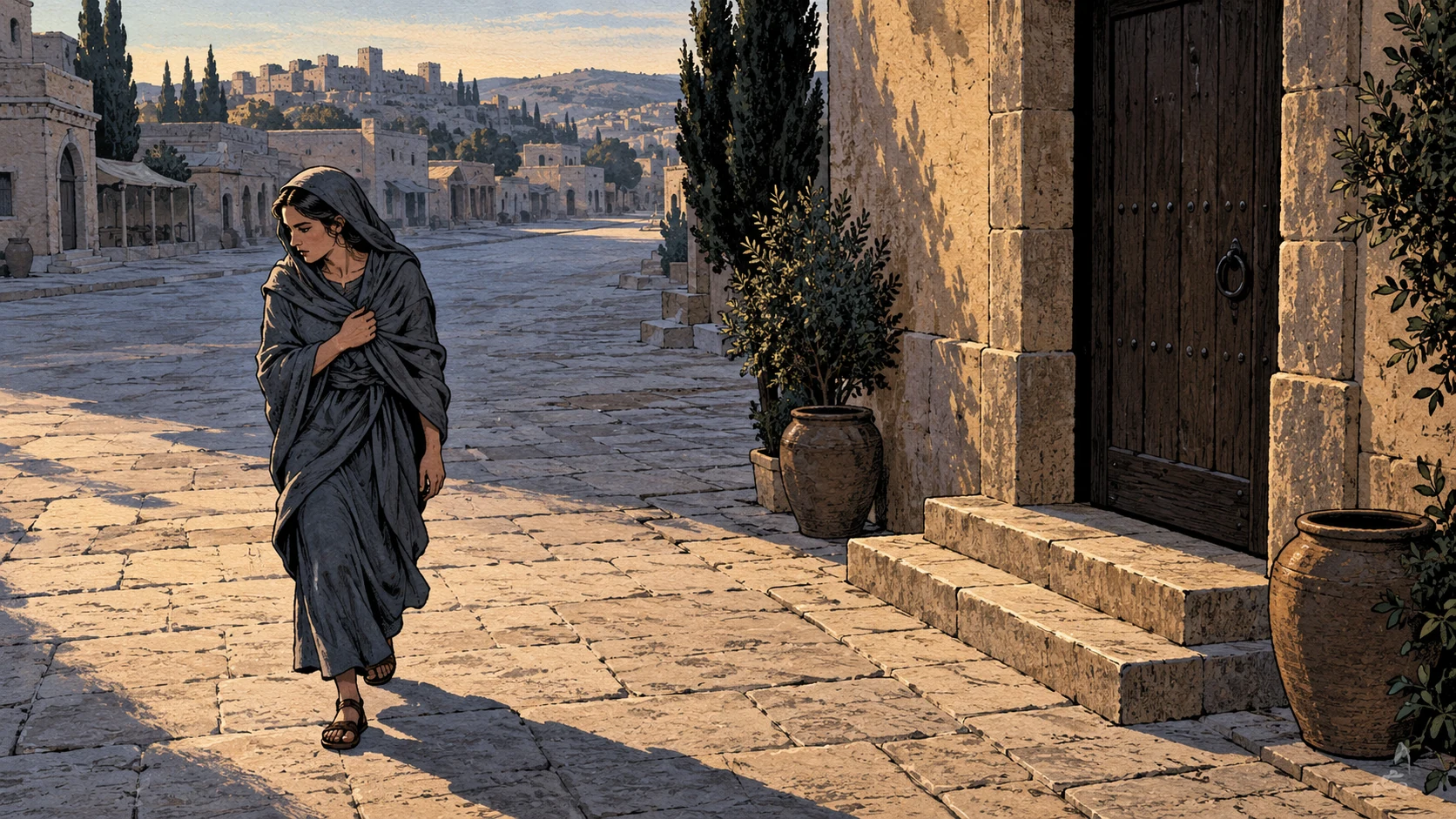 A clothed adult walks away from a closed house entrance along a stone street.