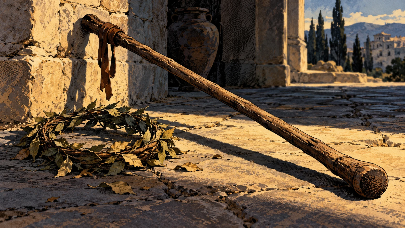 A neglected wreath and worn wooden staff rest beside a stone wall.