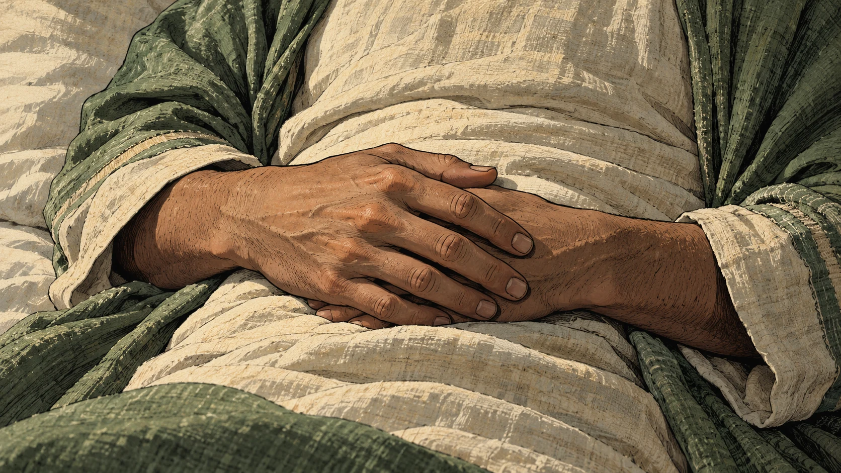 An adult’s hands rest folded over a clothed abdomen.