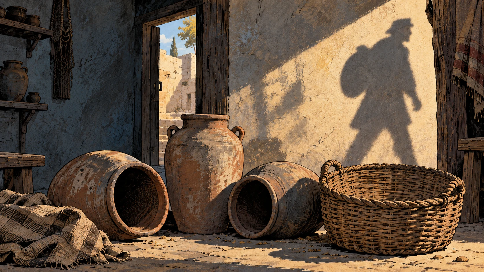 Empty grain jars and a bare basket stand beneath a shielded traveler-shaped shadow.