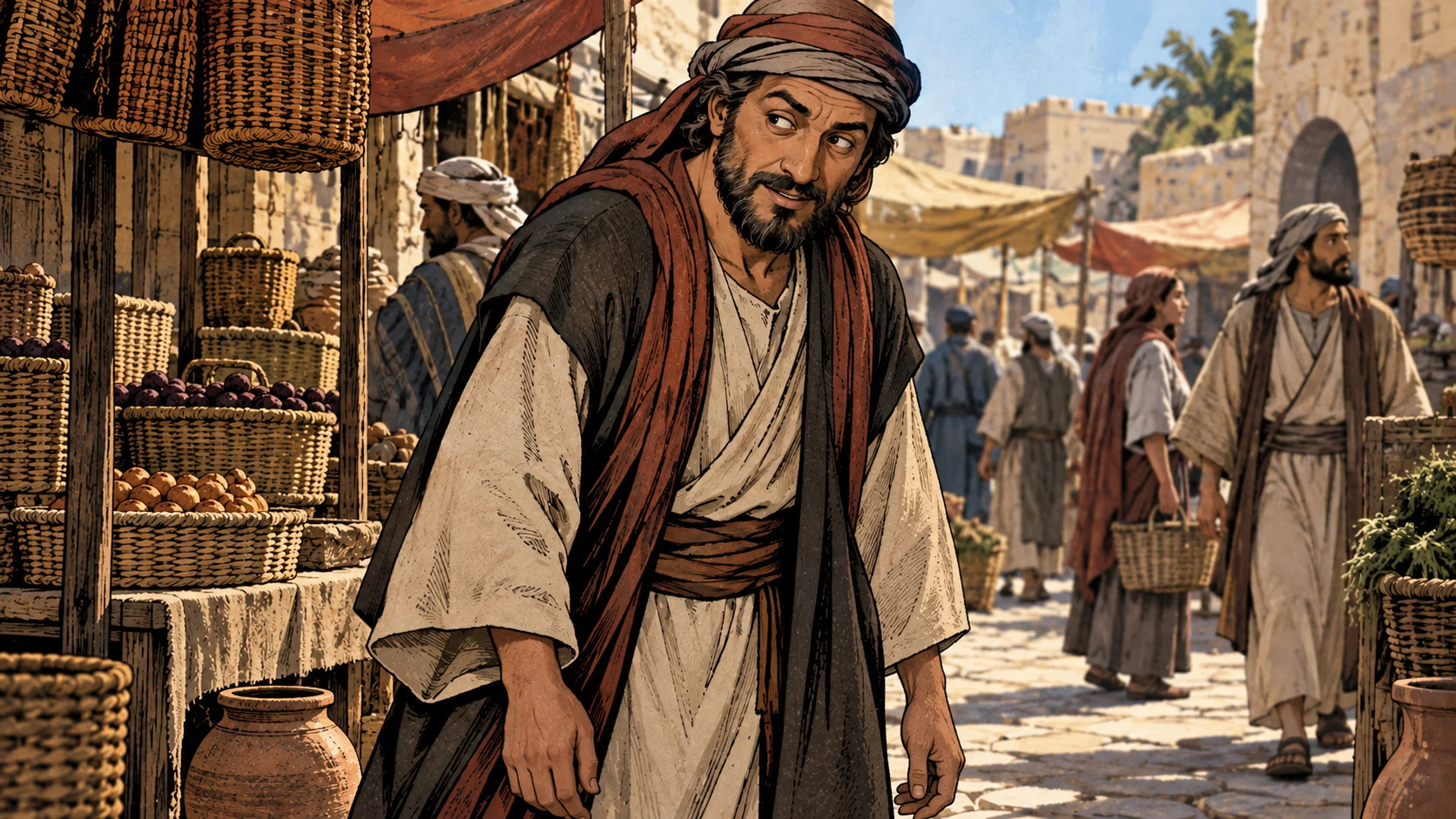 An anonymous adult walks through a market with a sideways mouth expression.