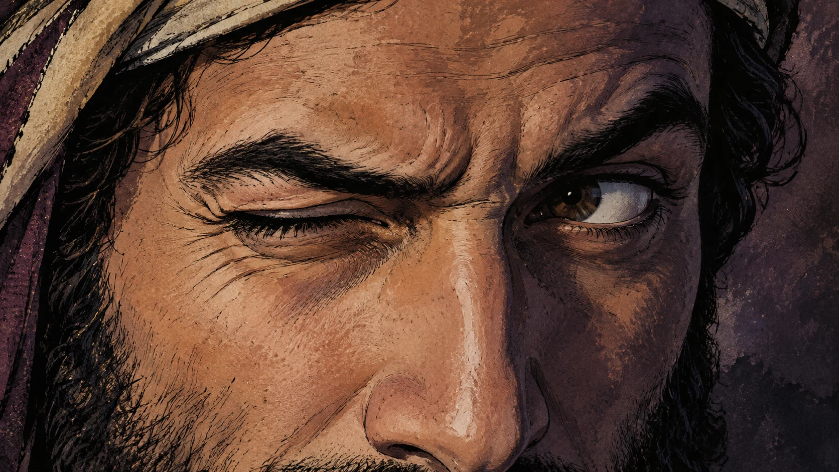 A tightly cropped adult face shows one winking eye and one sideways open eye.