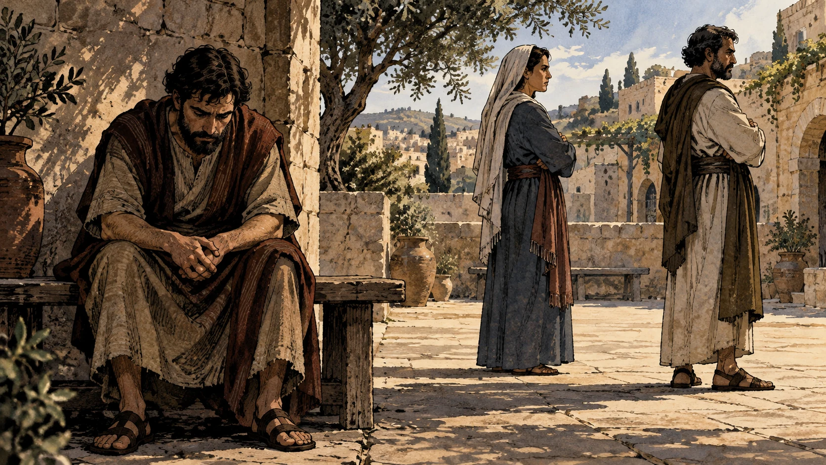 A seated adult clasps hands while two separated adults face away in a courtyard.