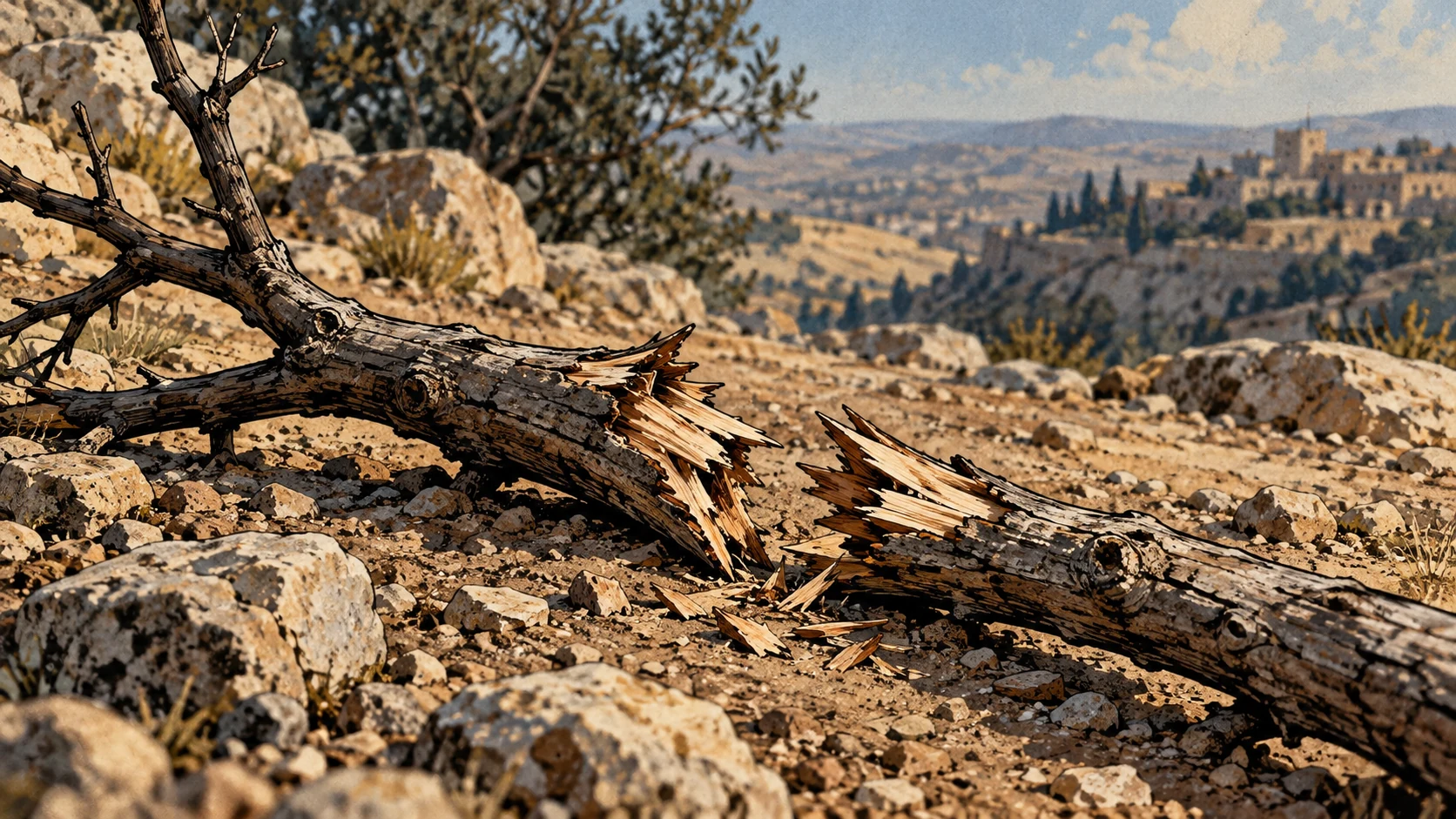 A dry branch lies shattered into two splintered parts on a stony hillside.