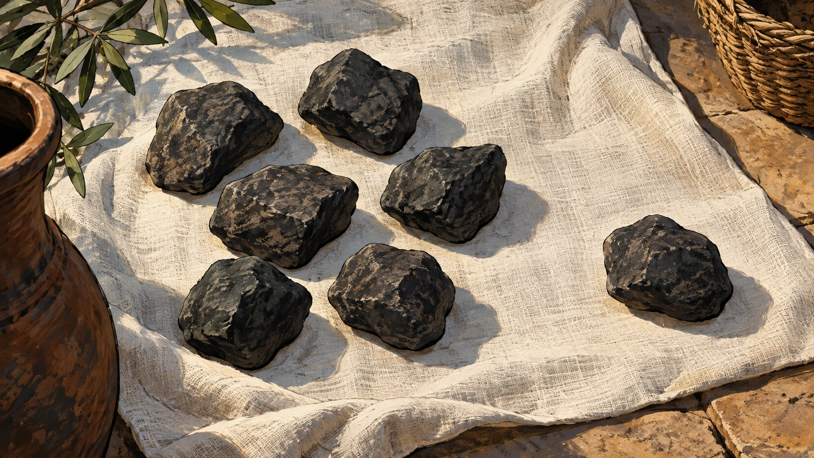 Six plain stones form a cluster on linen beside a seventh stone set apart.