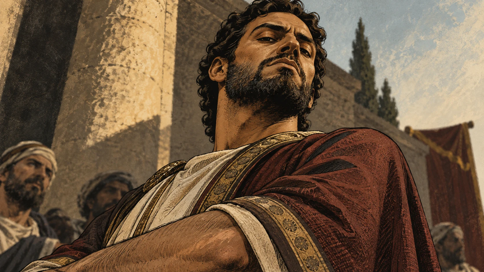 An adult raises his chin and looks down past his nose, with neutral adults behind him.