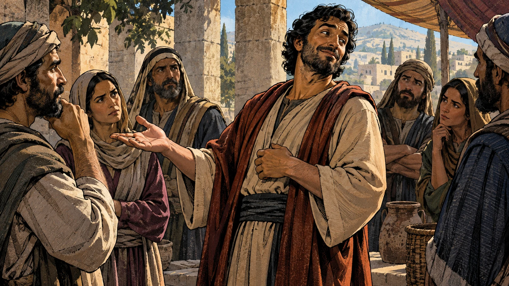 An adult speaks with a sideways gaze and an open palm before attentive adults.