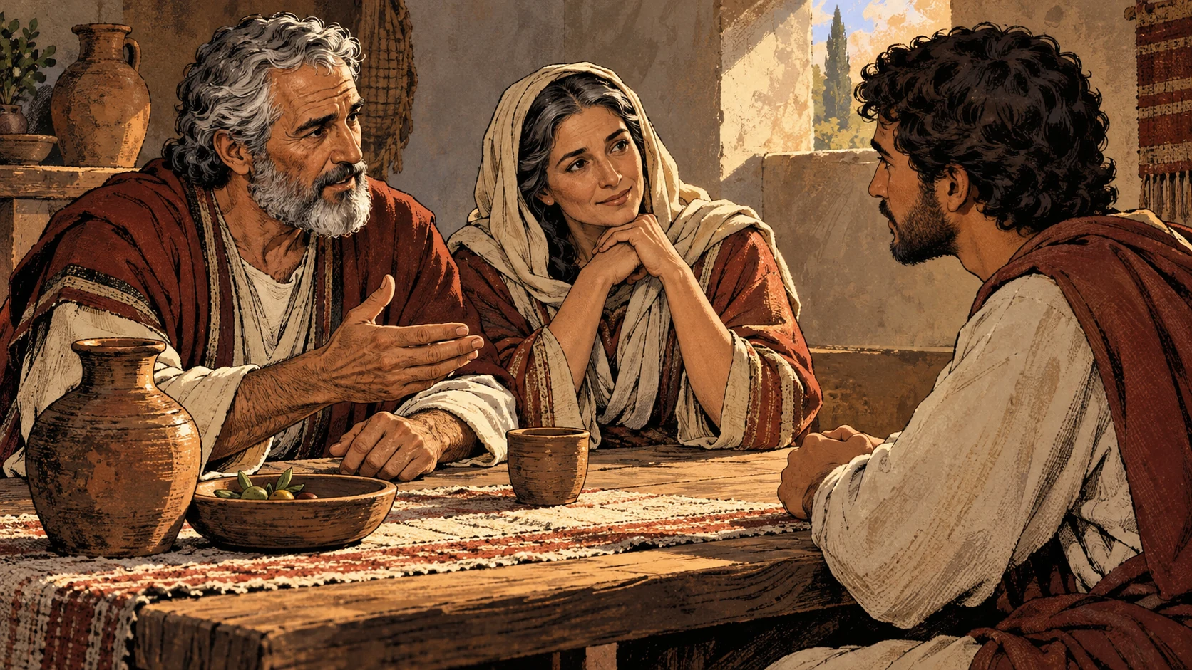 A father and mother sit with an attentive grown learner at a household table.