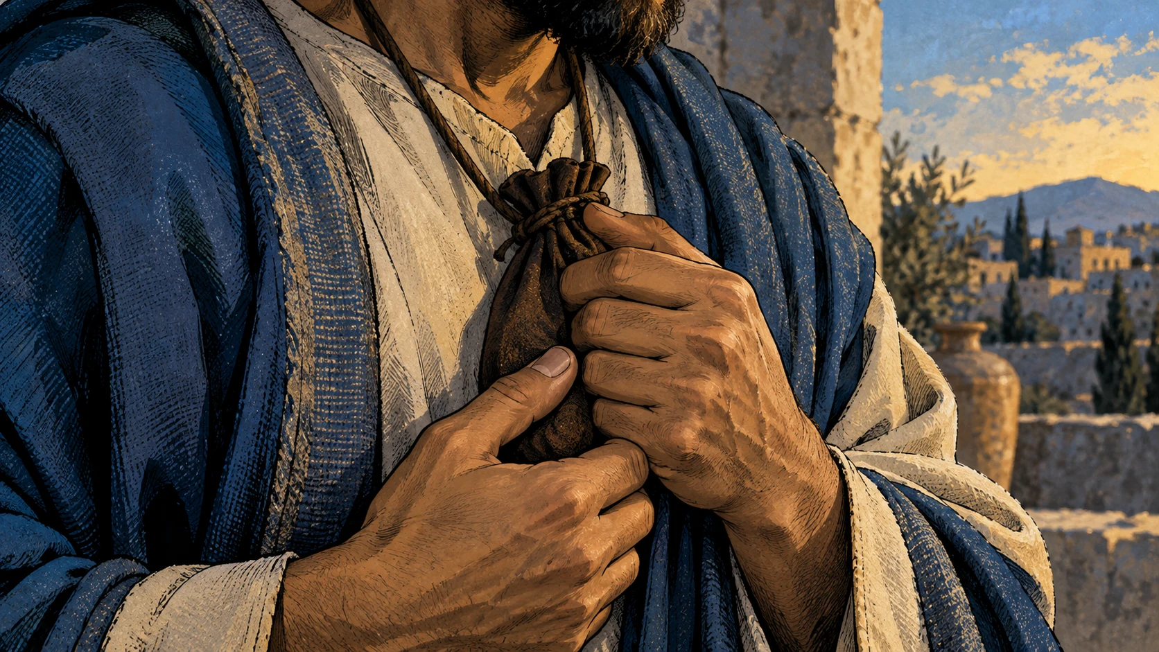 Adult hands hold a closed plain pouch suspended at the neck against a clothed chest.