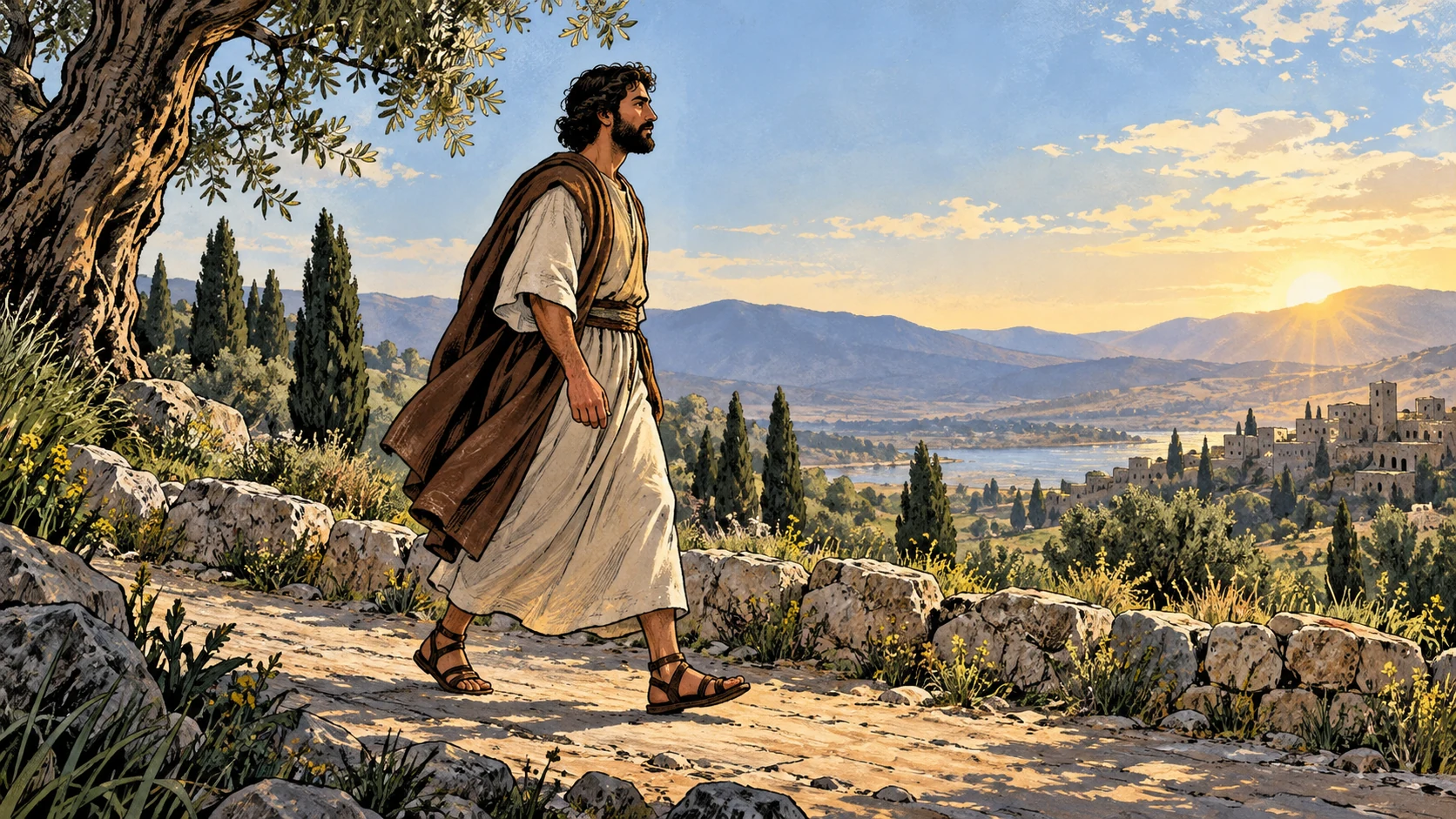 A lone clothed adult walks along a clear hillside path in warm daylight.
