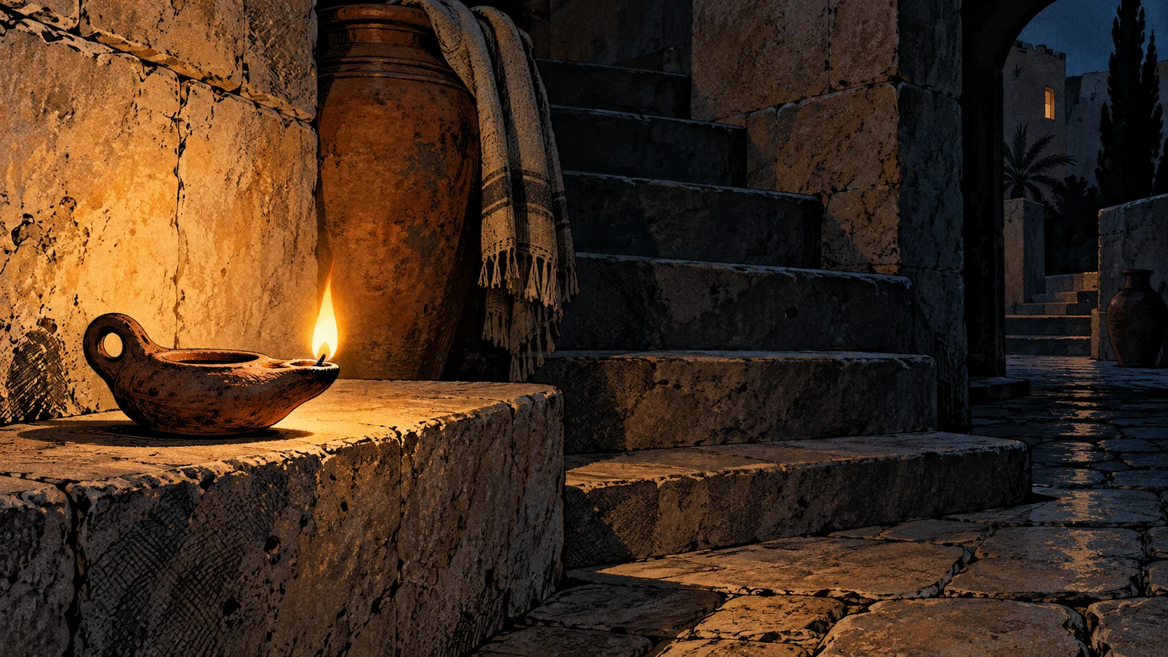 A clay lamp lights stone steps beside a dark passage.