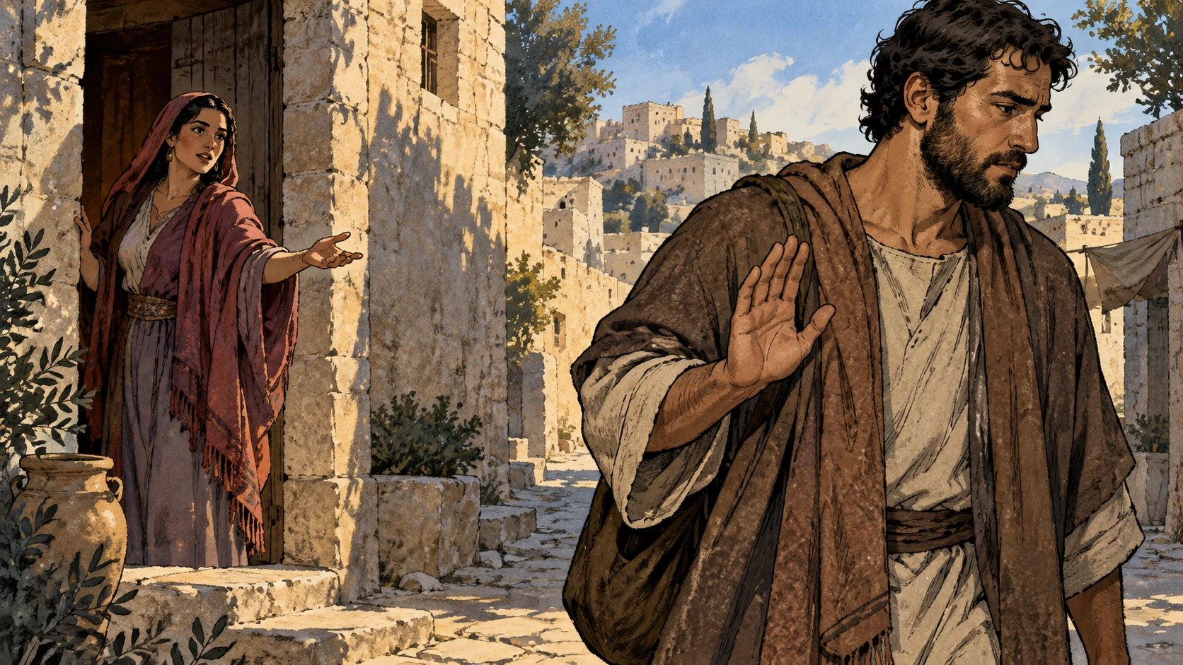 A clothed adult turns away with a declining palm while a distant woman speaks at a doorway.