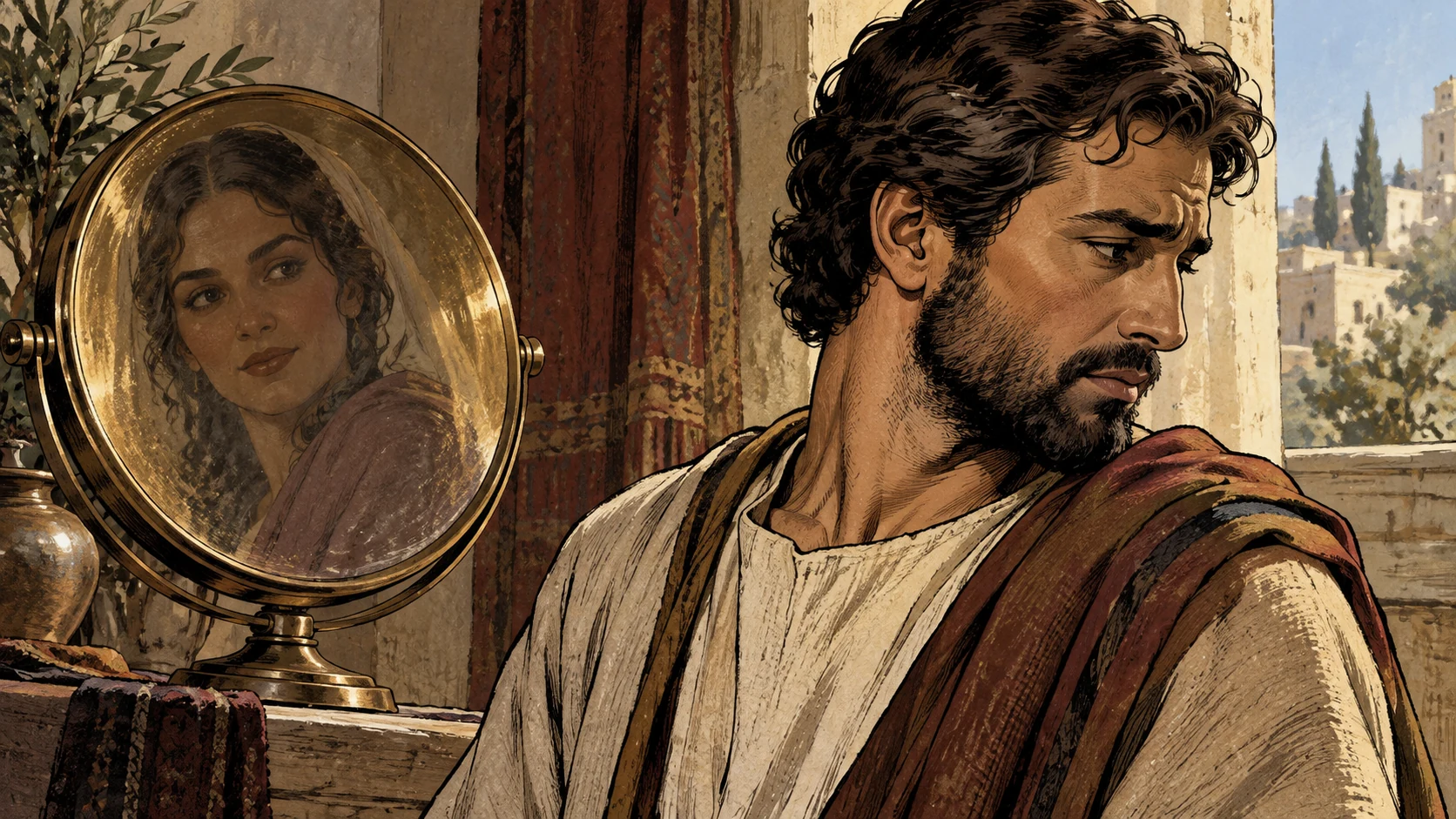 A clothed man averts his gaze from a woman’s face shown in a bronze mirror.