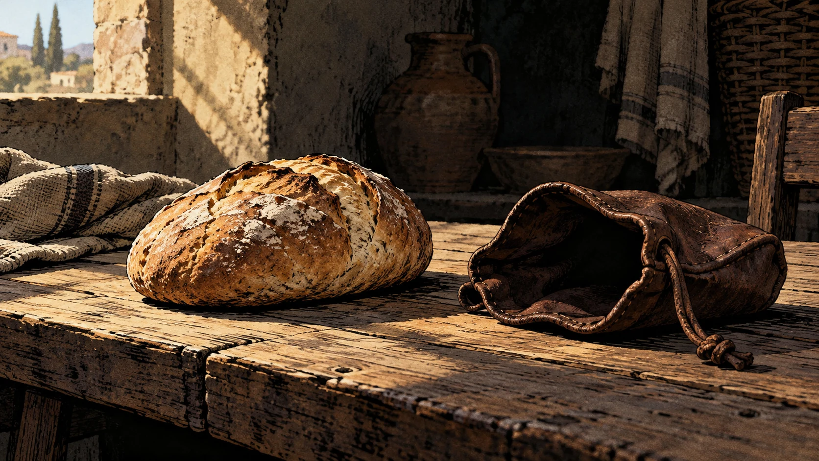 A single loaf lies beside an open empty leather purse on a household table.