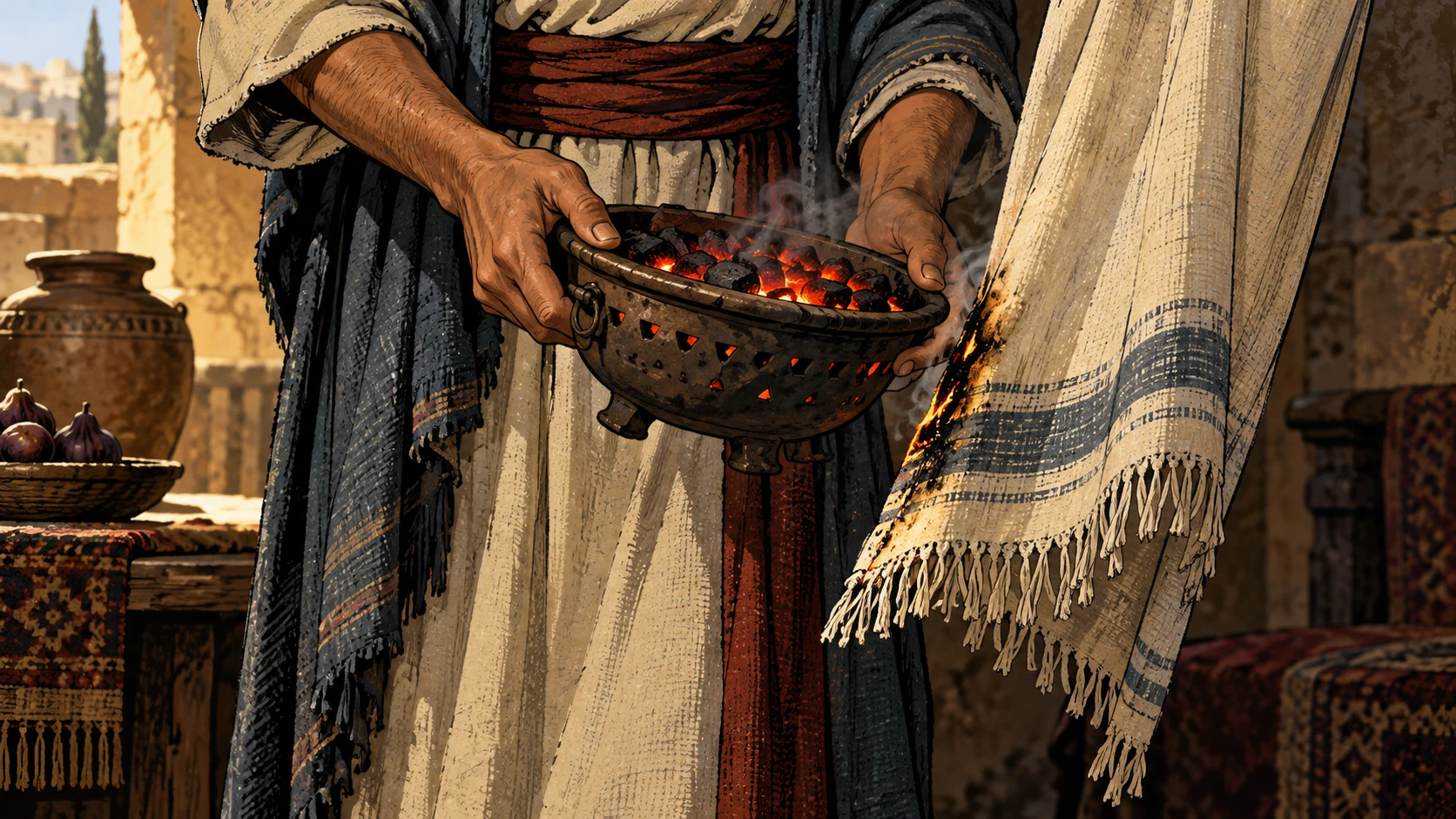 An adult holds a small brazier at the waist beside a singed hanging garment.