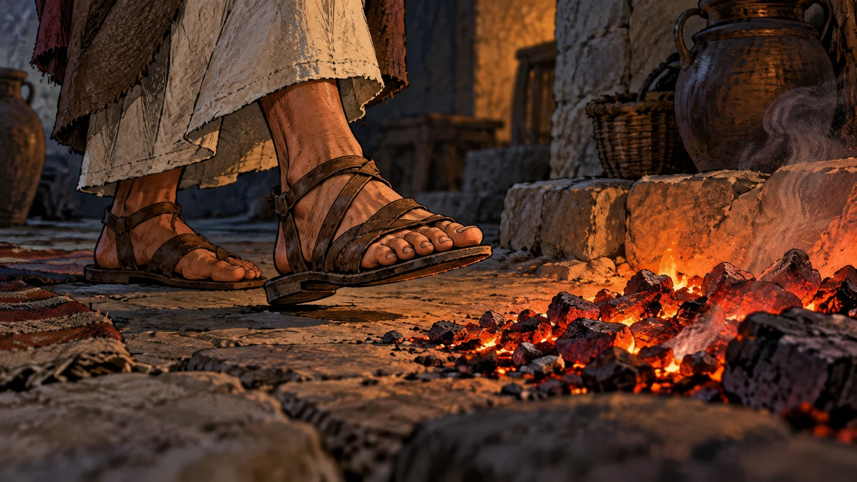 Sandaled adult feet pause beside glowing coals on a stone floor.