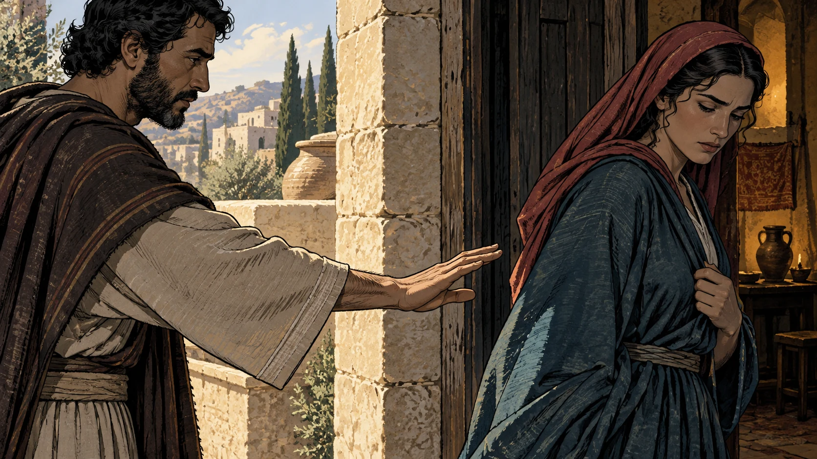 A clothed man holds his hand short of a clothed woman across a doorway gap.