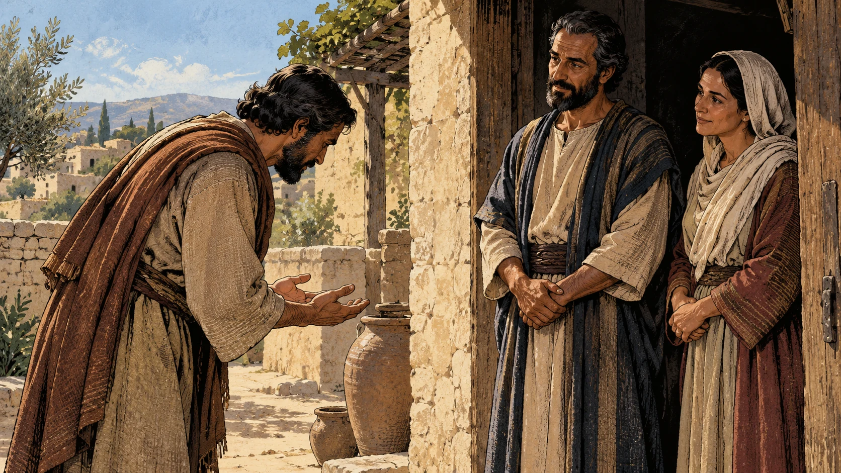 An adult bows with open palms before two adults at a household doorway.