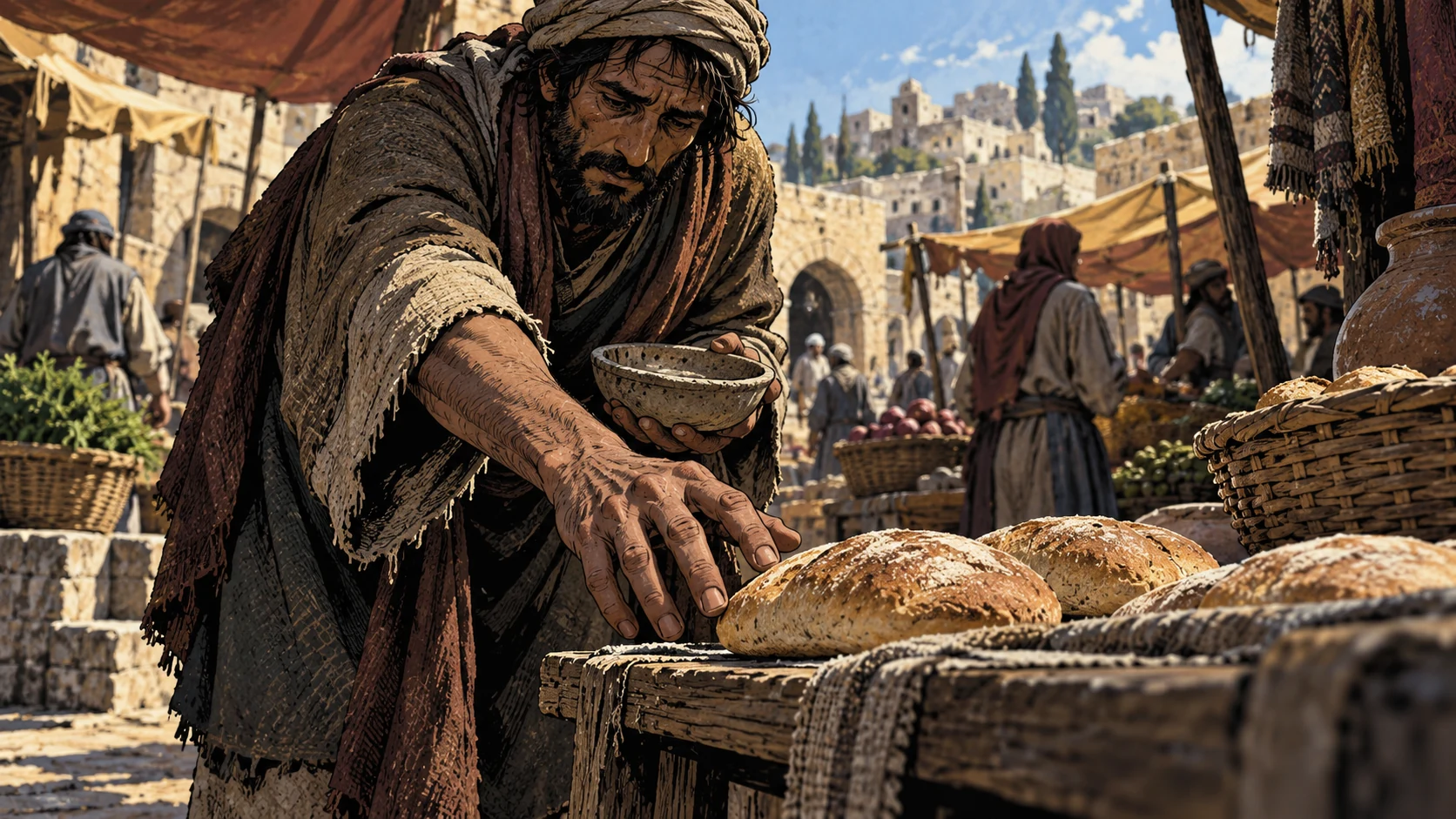 A hungry-looking adult reaches toward a loaf while holding an empty bowl in a market.