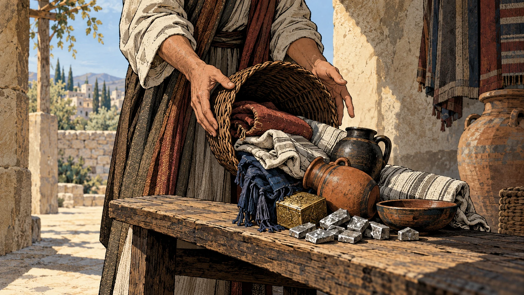 An adult lays out household cloths, vessels, and raw silver from a basket.