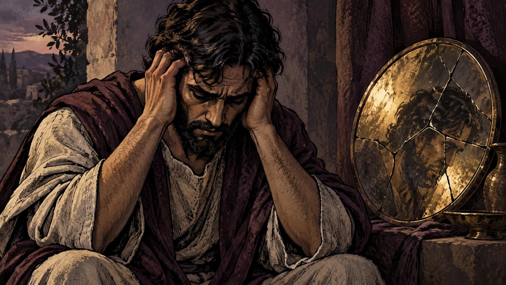 A distressed adult holds his temples beside a fragmented bronze-colored reflection.