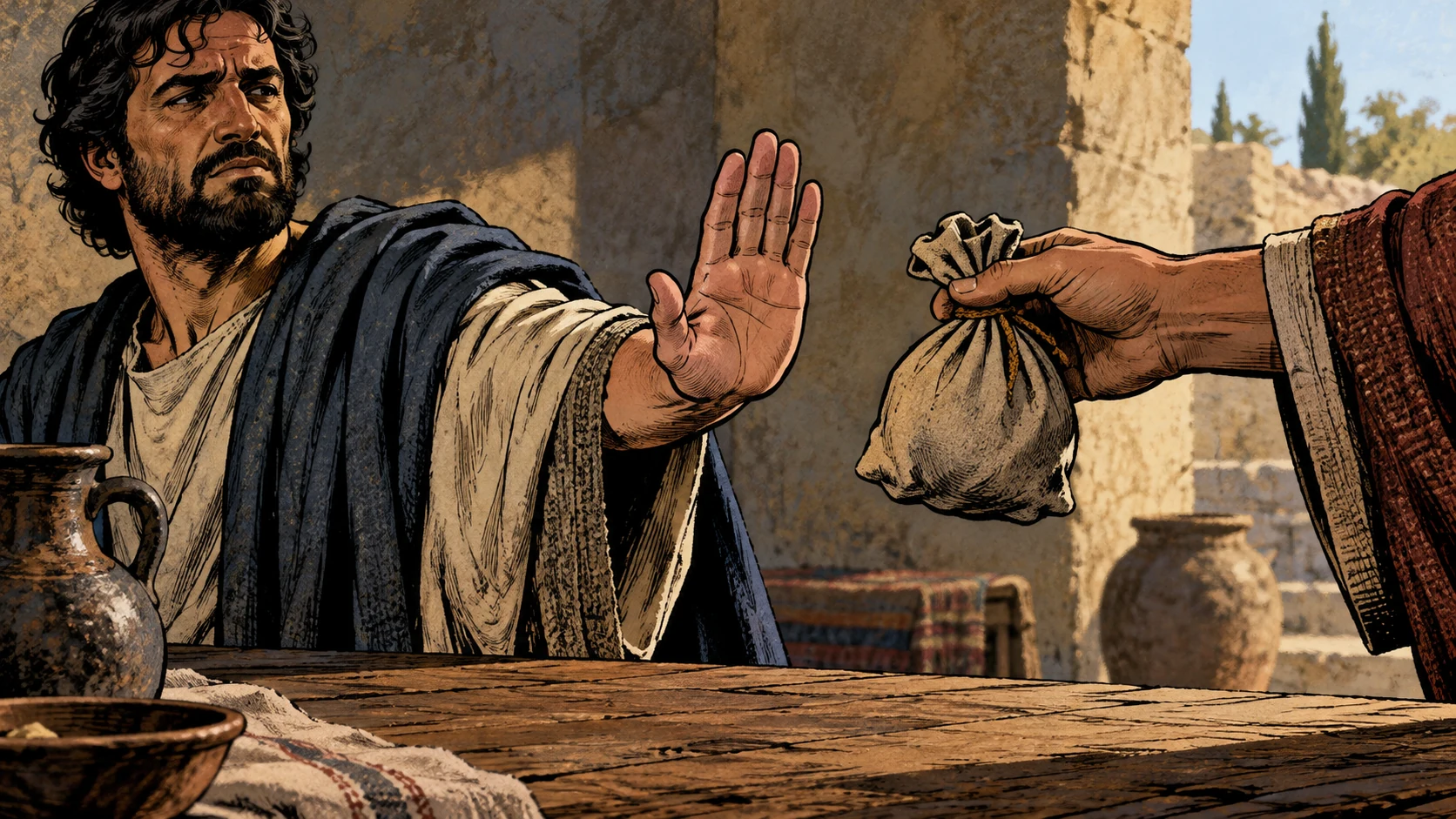 An adult raises a refusing palm toward an offered closed pouch.