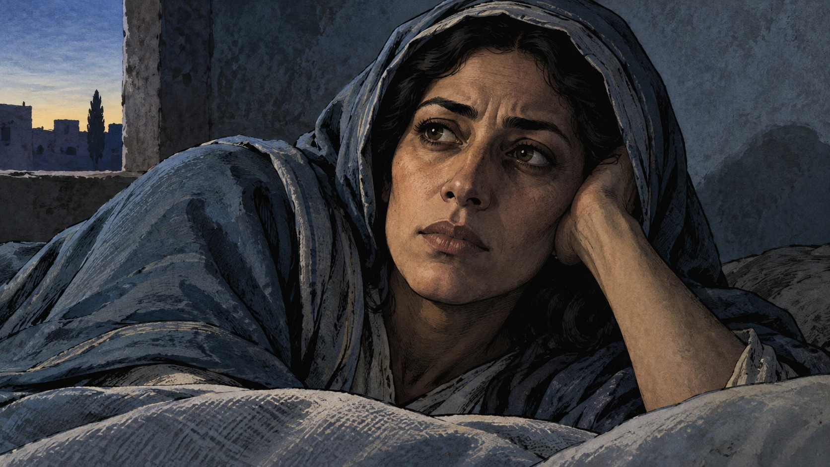 A wakeful woman rests her head on her hand beside a predawn window.