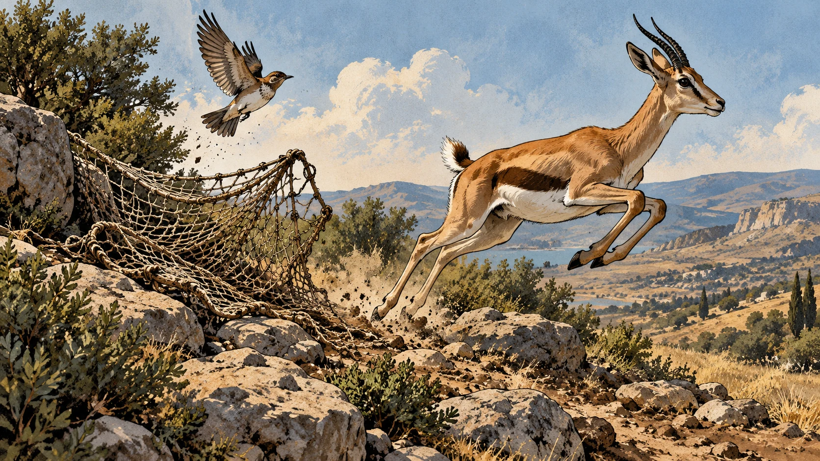 A gazelle leaps and a bird rises beside an empty net among rocky hills.