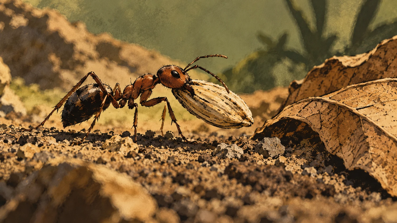 An ant carries a large seed across rough earth beside a dry leaf.