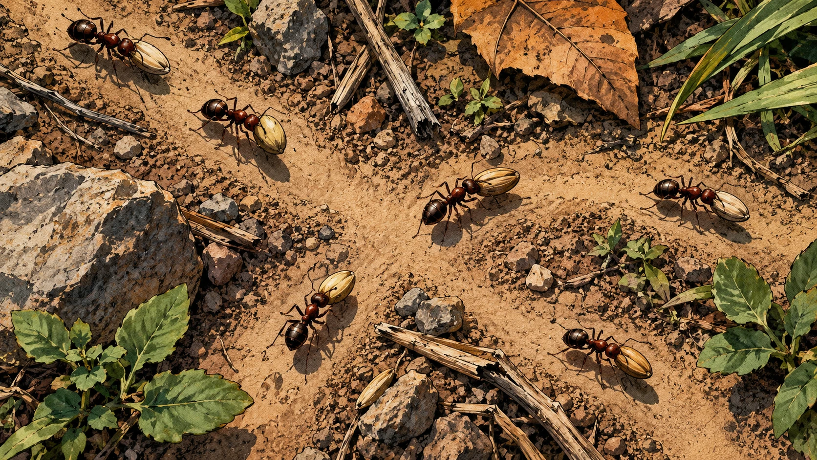 Several ants travel along intersecting trails on bare earth.