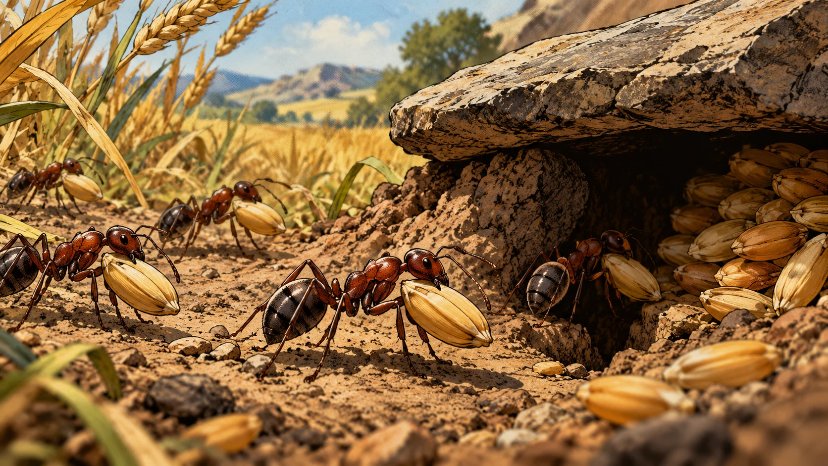 Ants carry seeds toward a store beneath a flat stone.