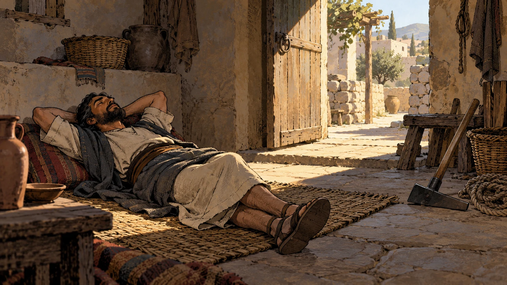 An adult sleeps on a mat in daylight beside unused tools.