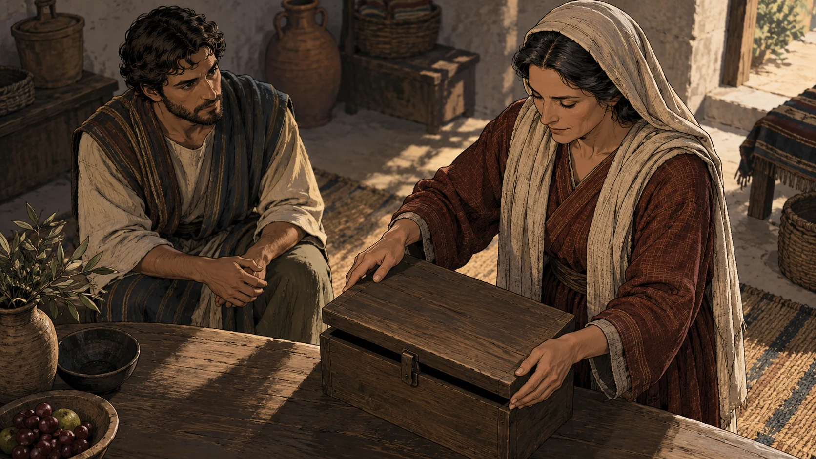 An adult woman gestures toward a wooden chest while an attentive adult man sits beside her at a shaded table.