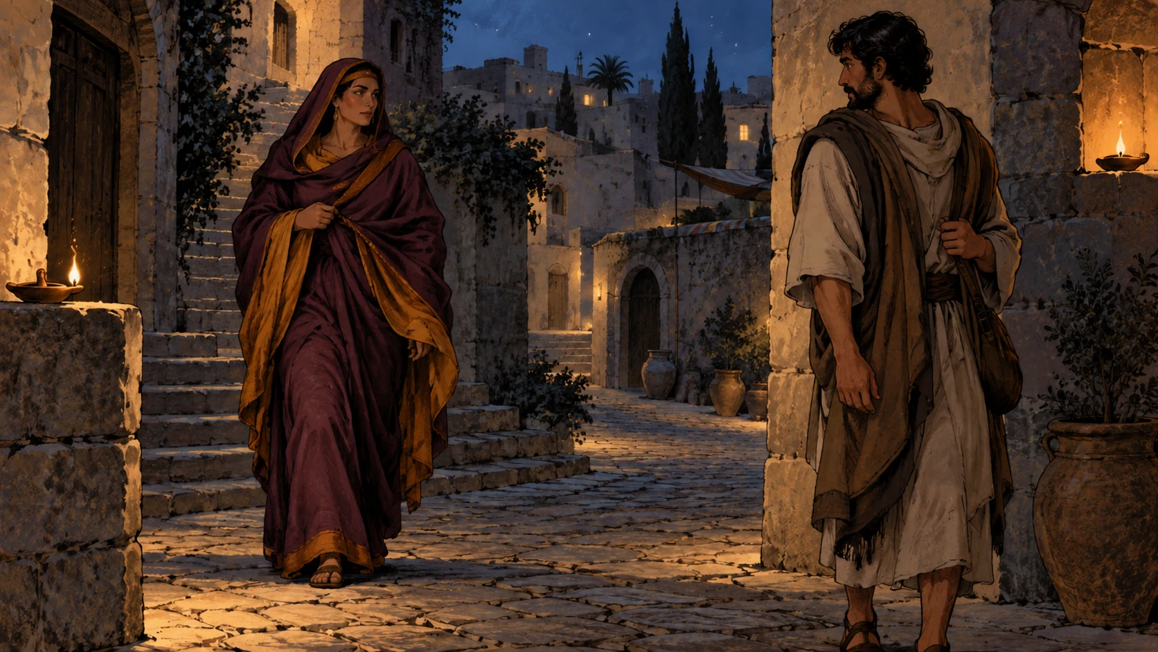 A fully clothed adult woman approaches an adult man at a lamplit street junction.